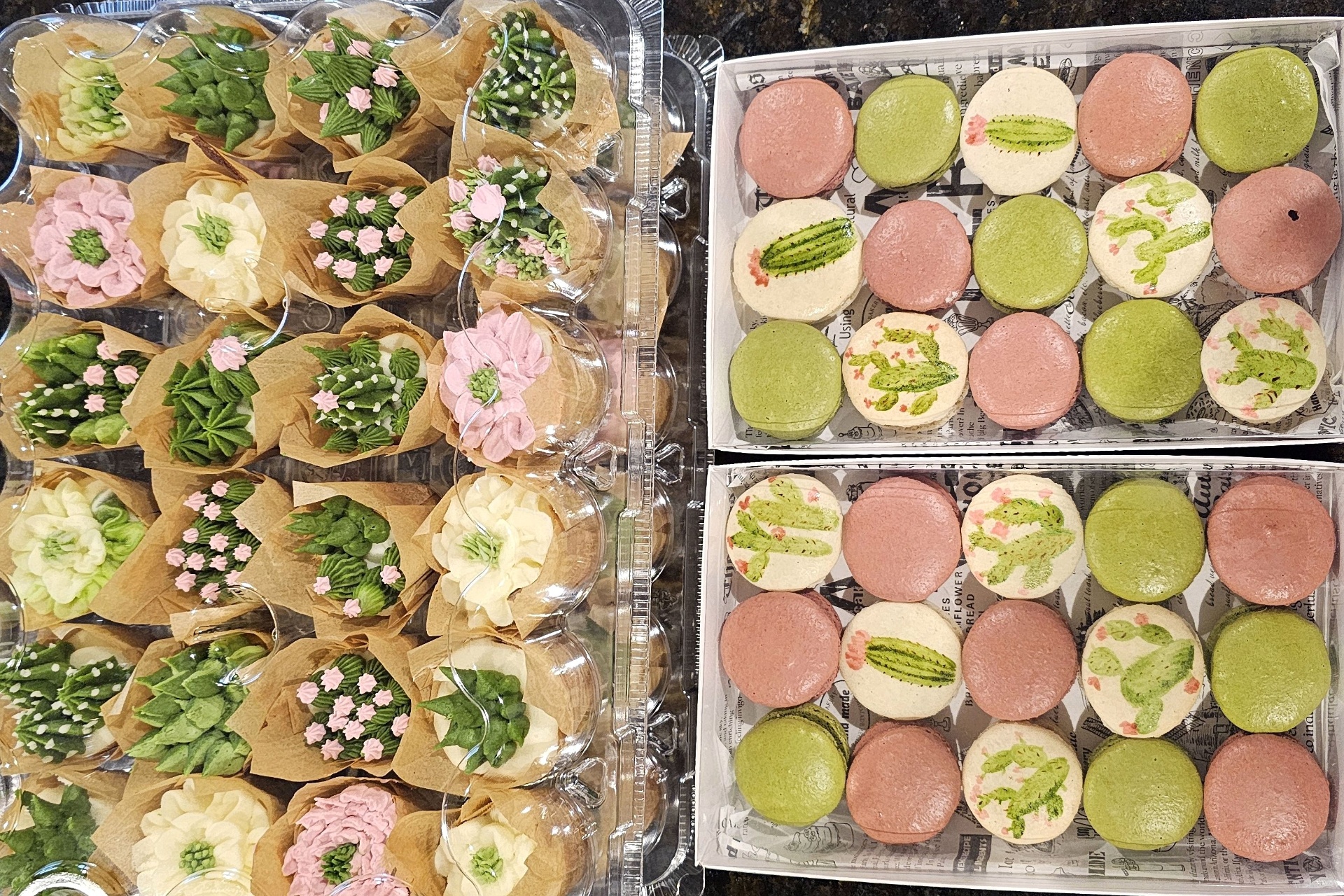 Succulent cupcakes paired with hand-painted cactus macarons