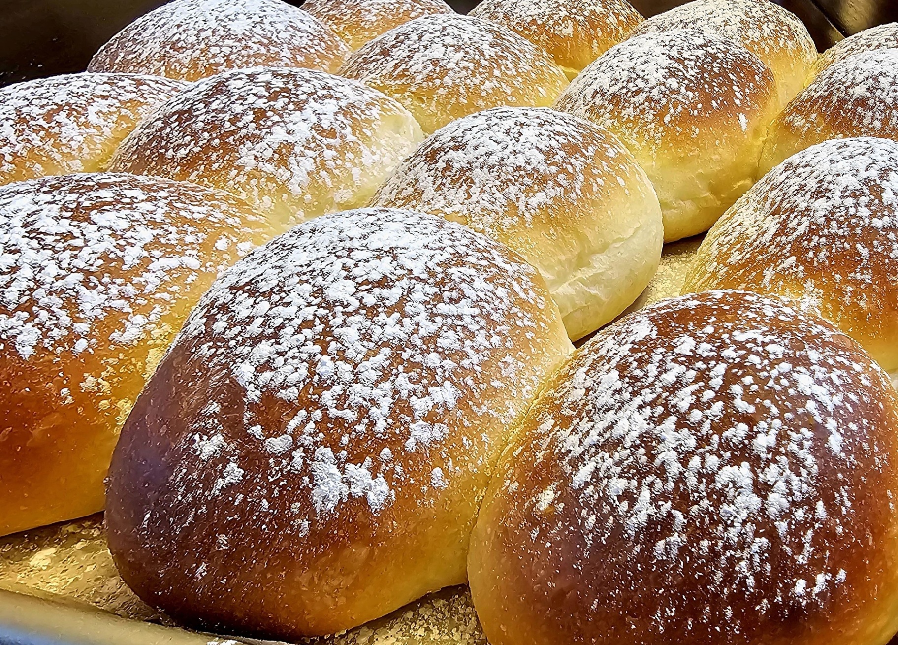 Tray of golden brioche buns dusted with powdered sugar