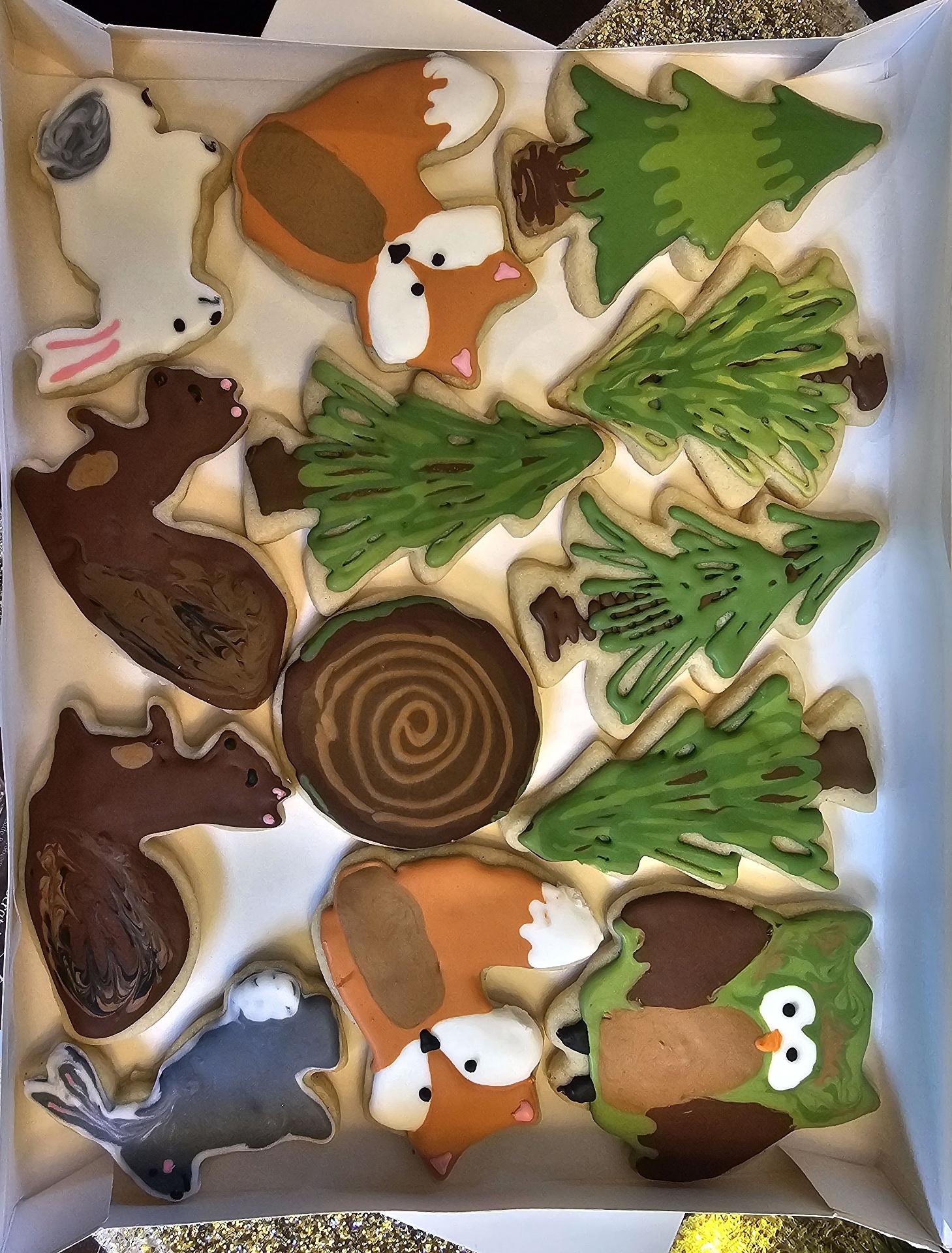 Boxed woodland cookie set — foxes, bears, owls, pine trees, and log slices