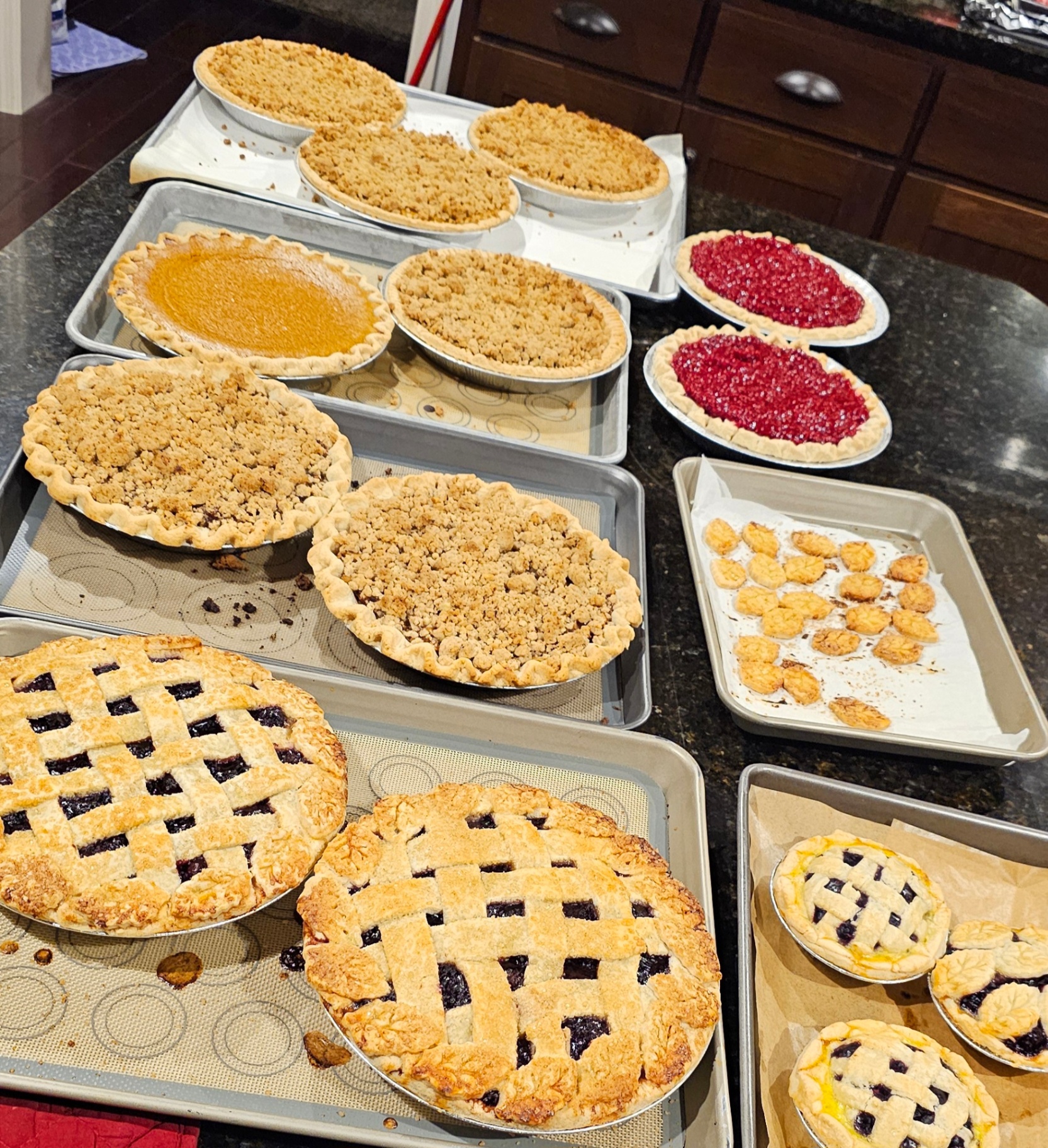 Assortment of homemade pies — streusel, pumpkin, cherry, and lattice berry pies