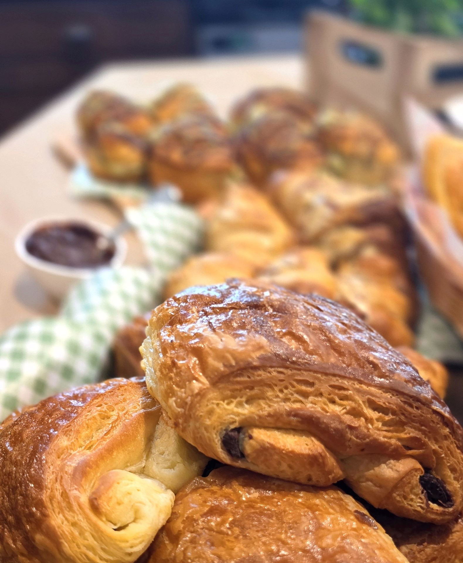 Pain au chocolat displayed with chocolate spread