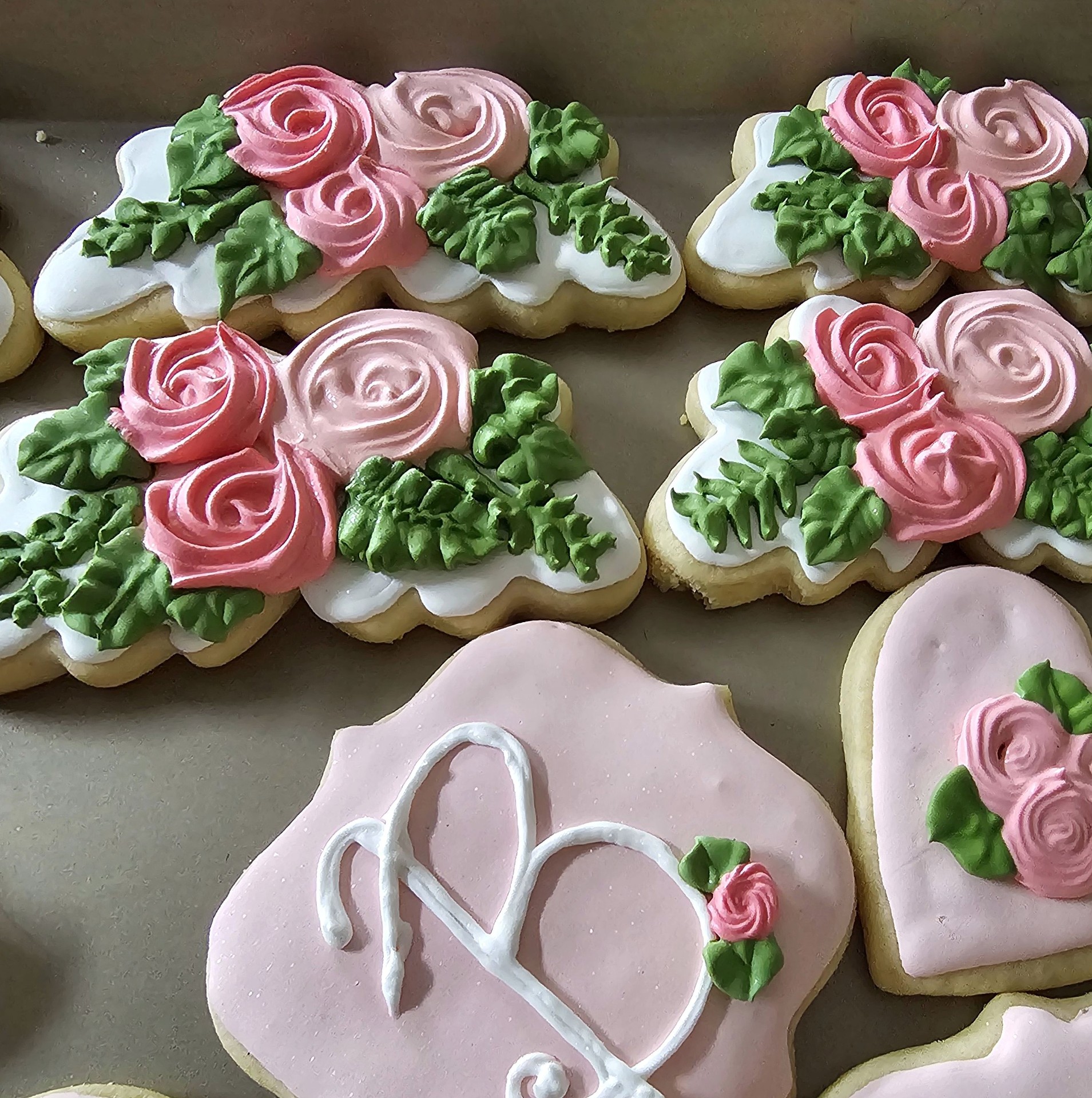 Close-up of buttercream rose bouquet sugar cookies
