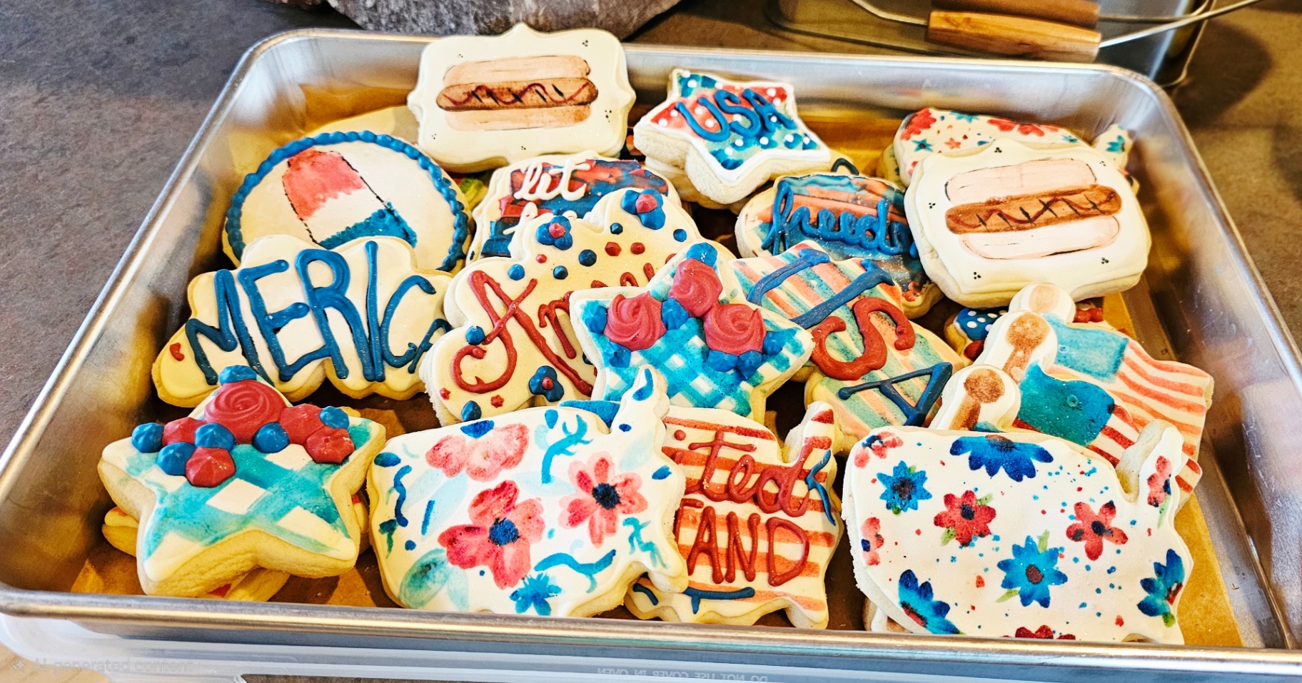 Tray of patriotic sugar cookies — 'Merica, hot dogs, USA stars, and floral America shapes